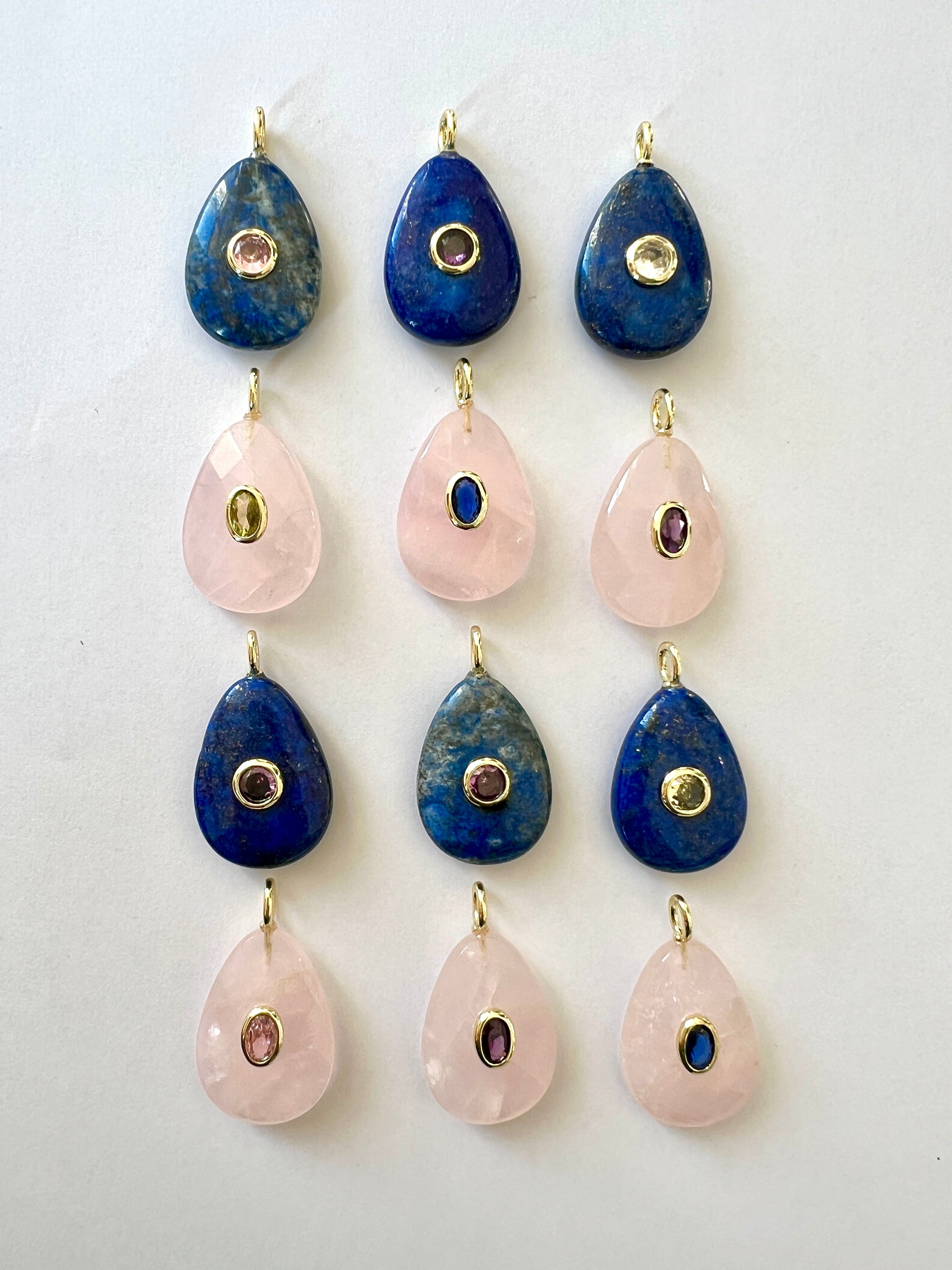 Grand Pendentif Ovale, Serti, Lapis Lazuli et Quartz Rose