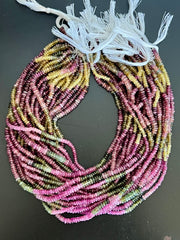 Fil de petites rondelles de Tourmaline rose, verte et jaune