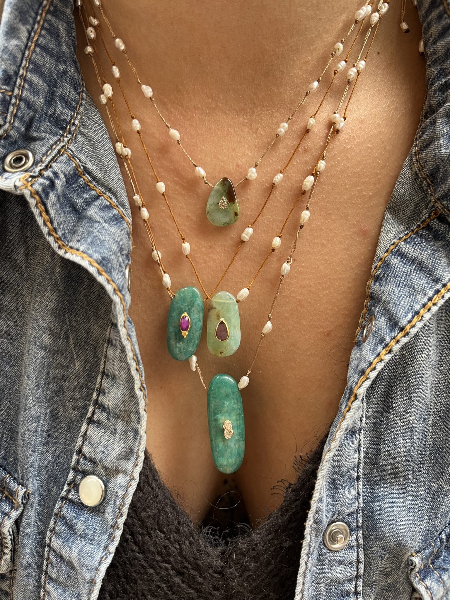 pendentifs en chrysoprase et amazonite