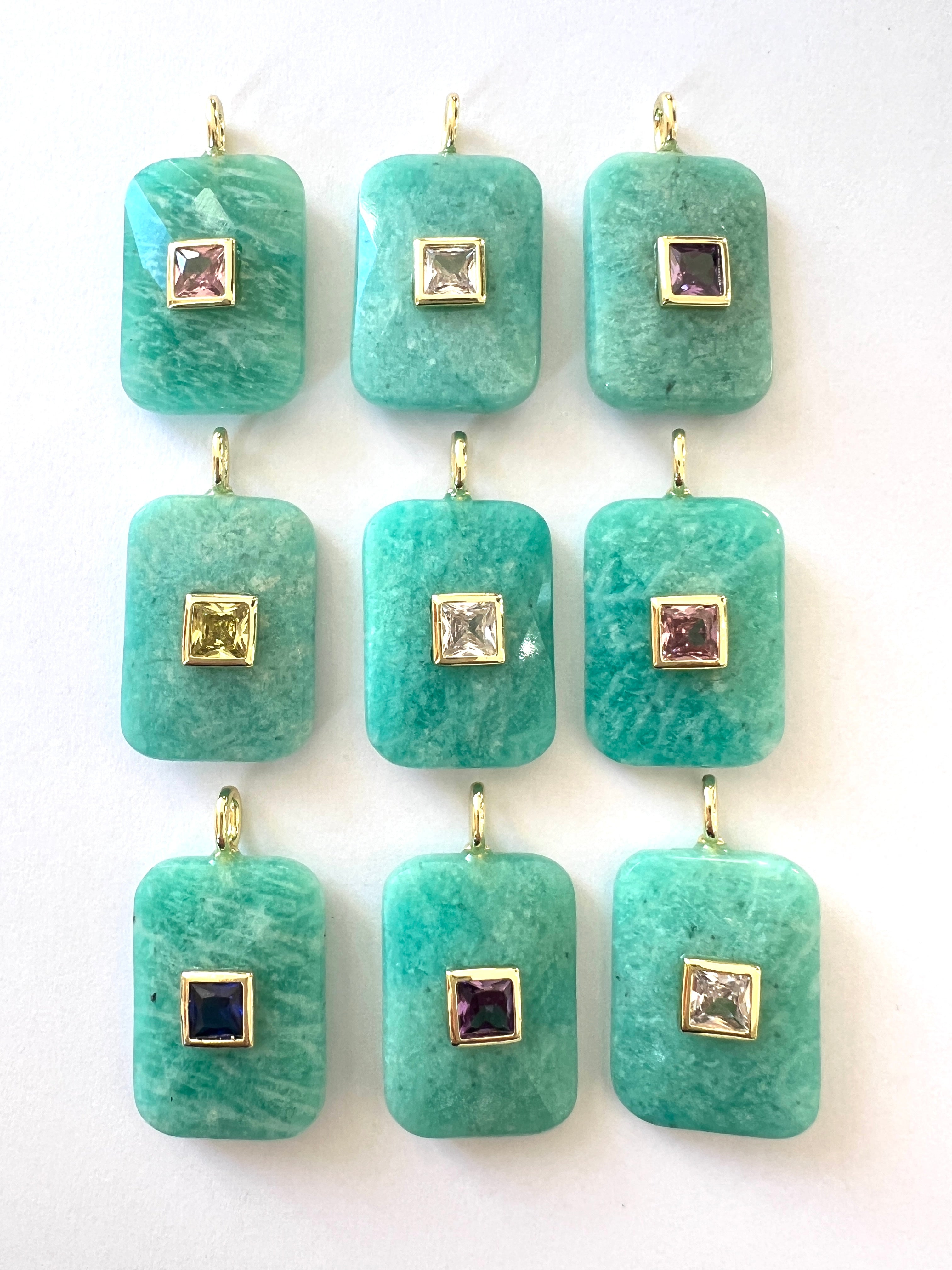  Pendentif Rectangle en Amazonite serti d'un Zircon