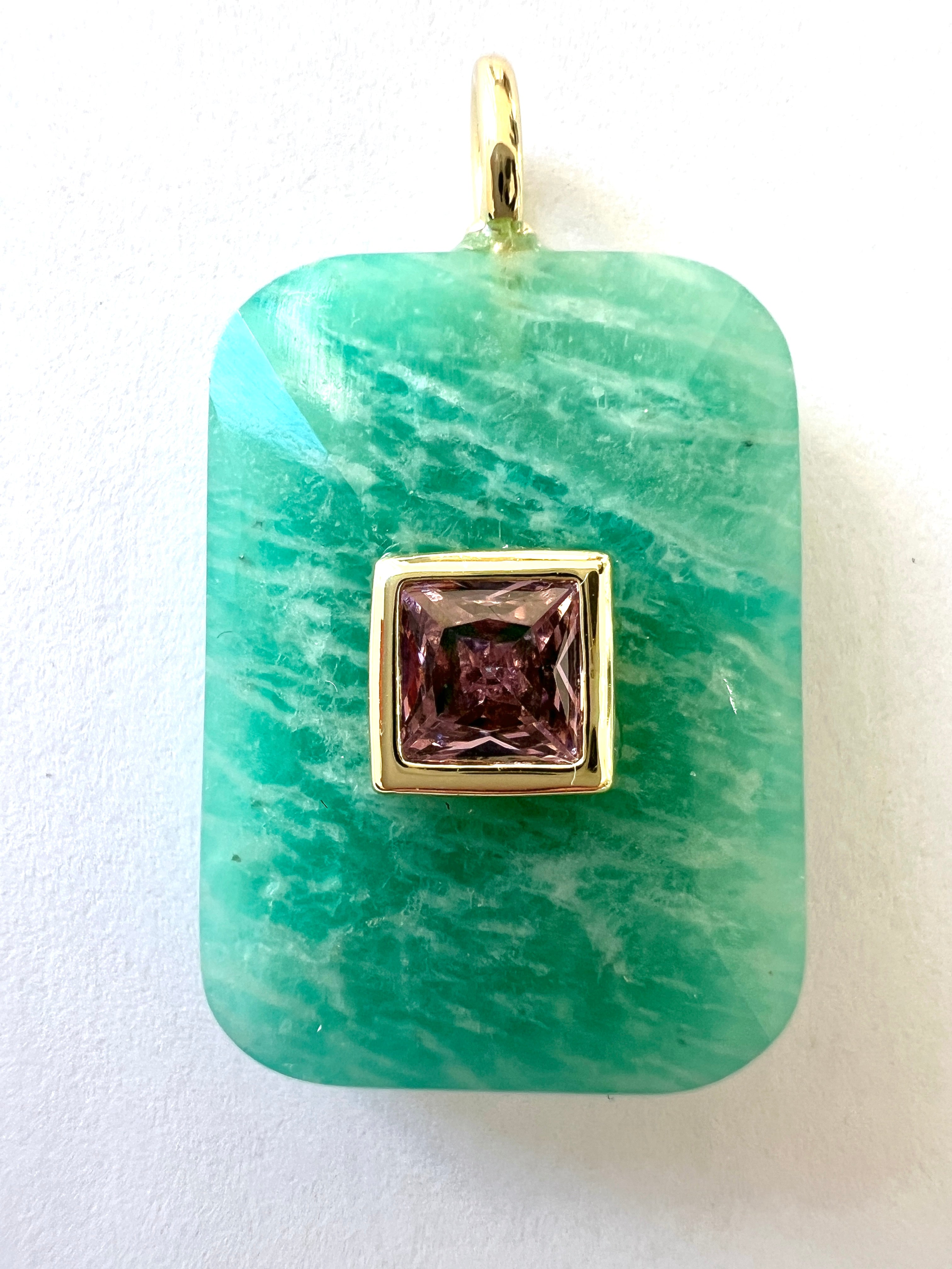  Pendentif Rectangle en Amazonite serti d'un Zircon