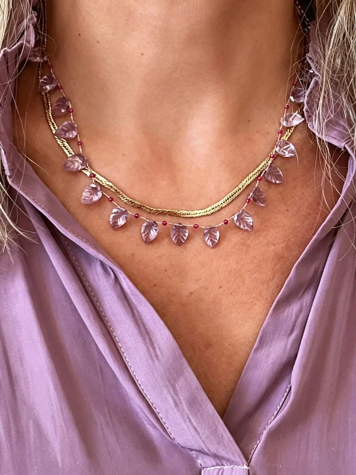collier noué petites feuilles améthyste